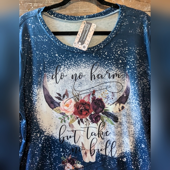 NWT Do No Harm But Take No Bull Blue Floral Bull Tee - Picture 2 of 14
